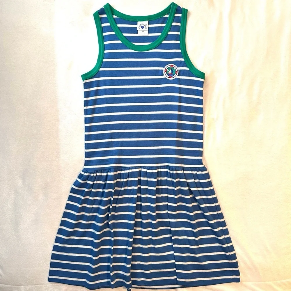Vintage Hartstrings Sailboat Patch Nautical Blue Wht Striped Tank Dress Girls 12